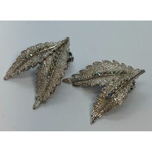 Earrings Signed Ora Leaf Design Silver Plated and Rhinstone Vintage Clip